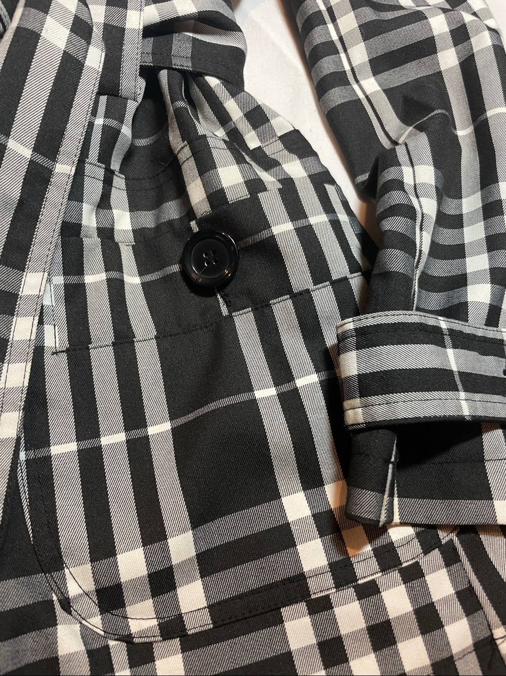 Black & White Plaid Trench Coat with Belt - Picture 8 of 12
